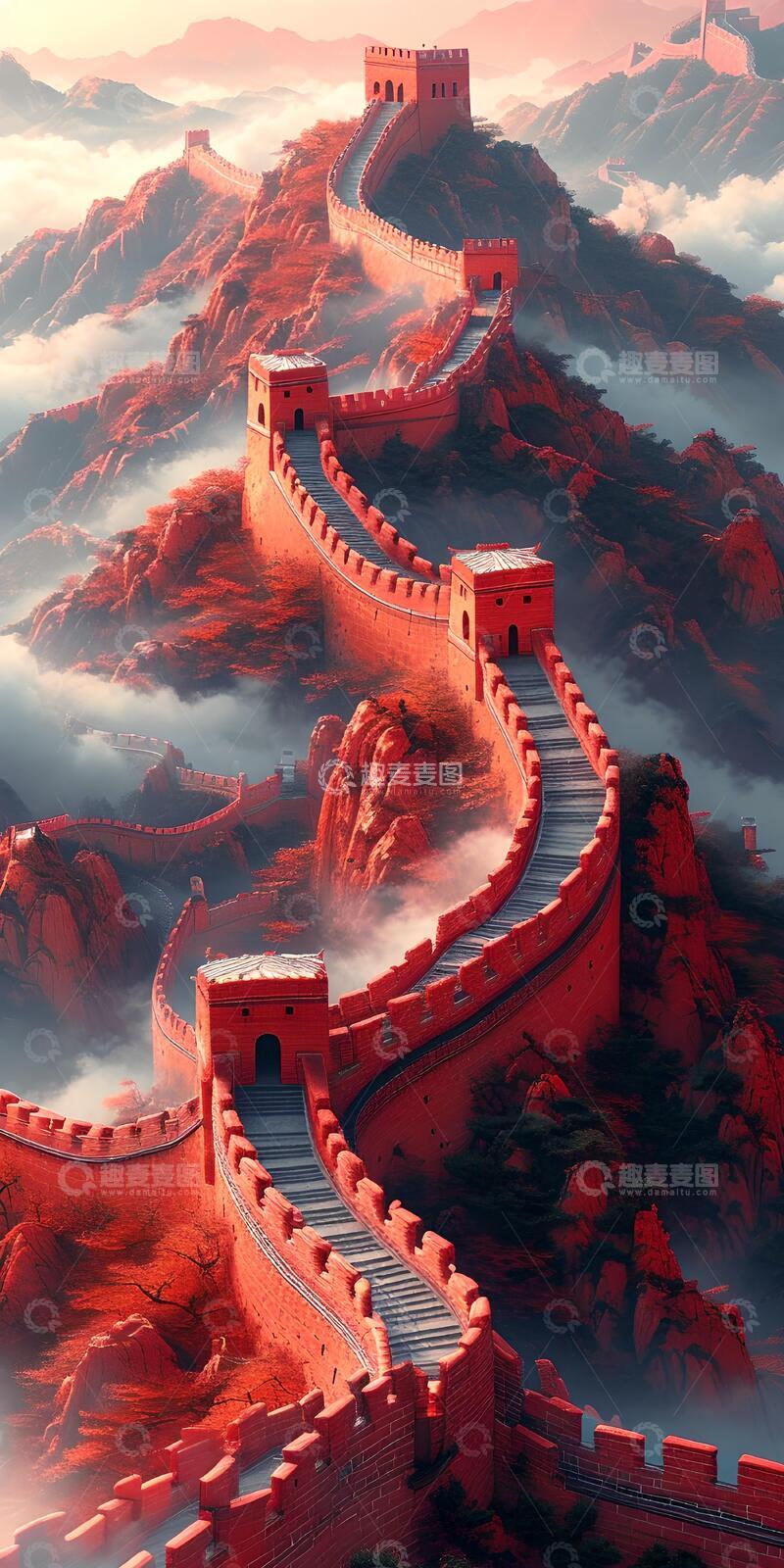 高清大图下载【趣麦麦图】奇幻风长城山脉插画设计素材4