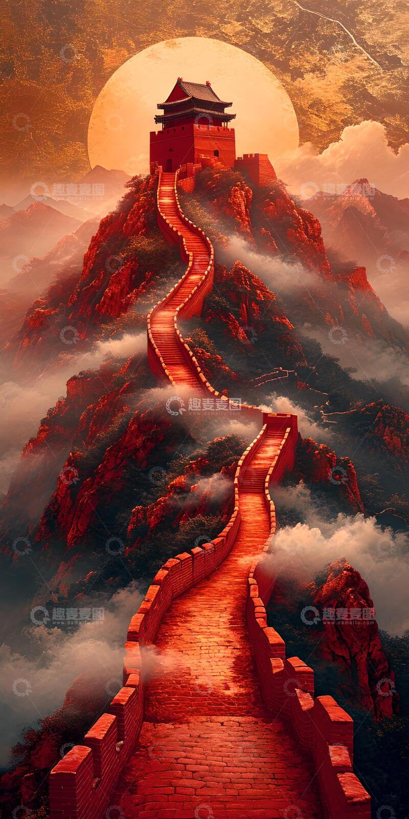 高清大图下载【趣麦麦图】-国风奇幻长城云海插画设计素材11