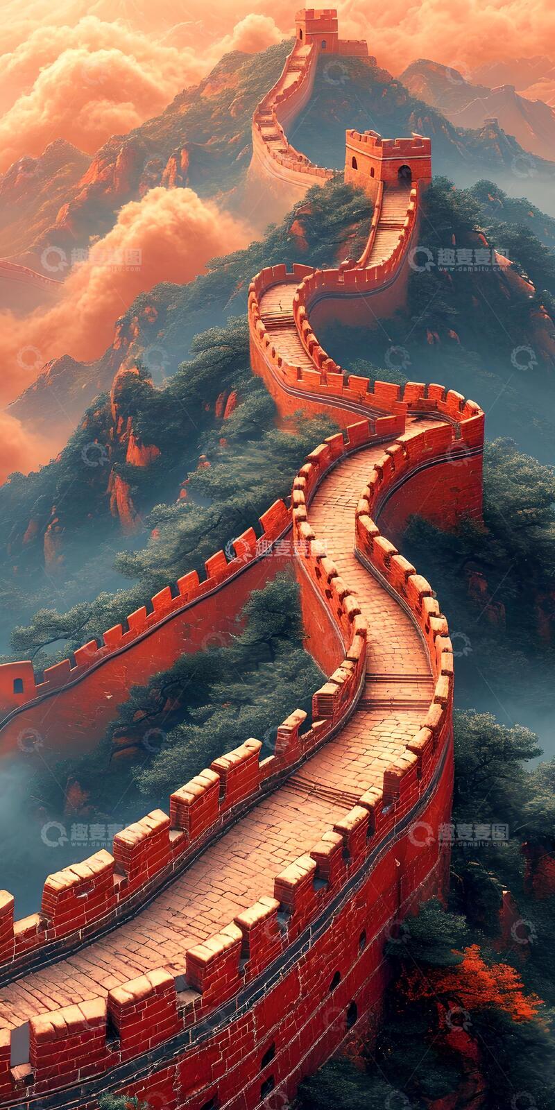 高清大图下载【趣麦麦图】国风插画长城蜿蜒山间设计素材5