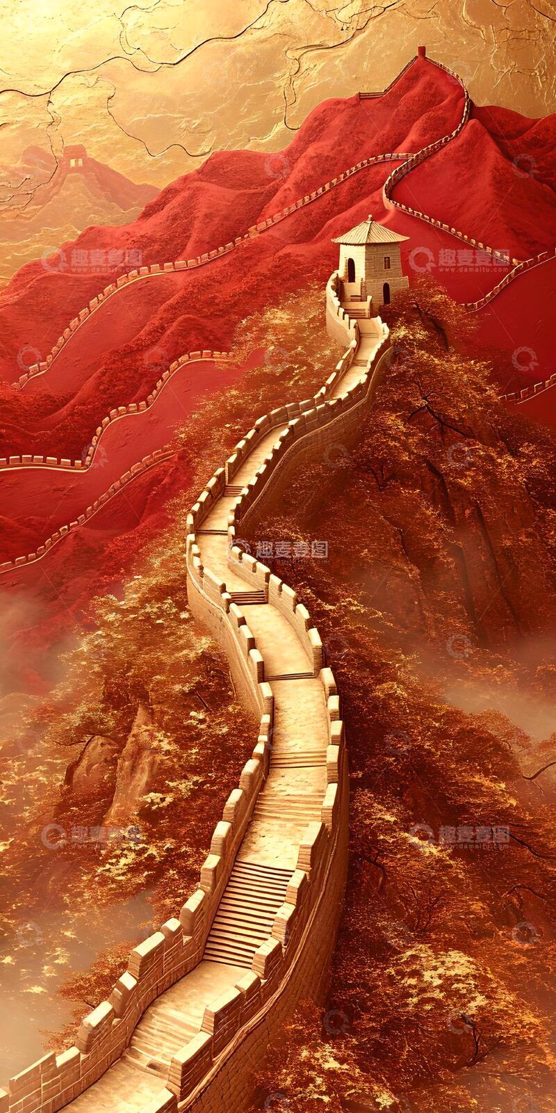高清大图下载【趣麦麦图】-国风艺术长城秋景插画设计素材8