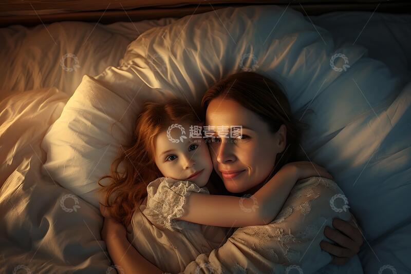 高清大图下载【趣麦麦图】暖光风母女温馨床榻摄影素材15