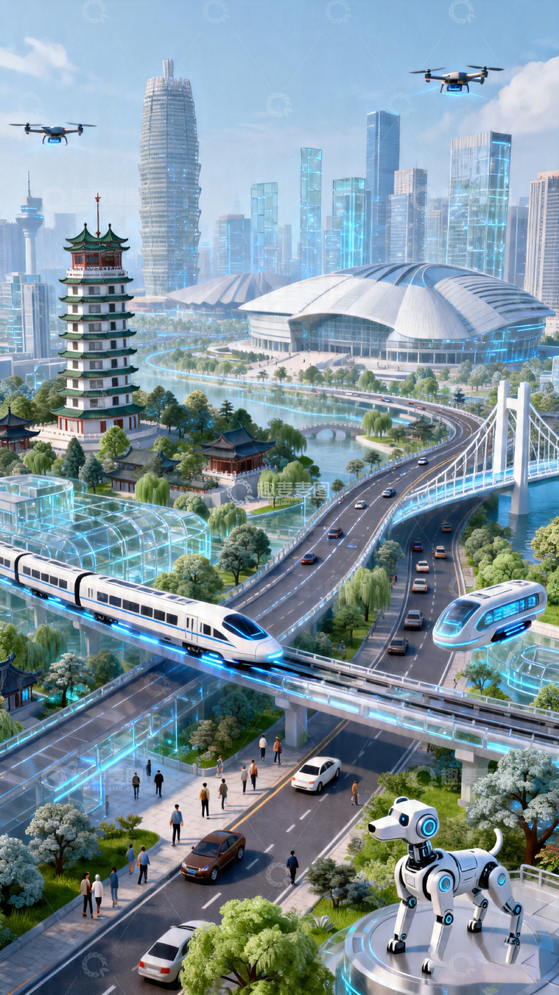 高清大图下载【趣麦麦图】科幻风未来城市智能交通设计素材