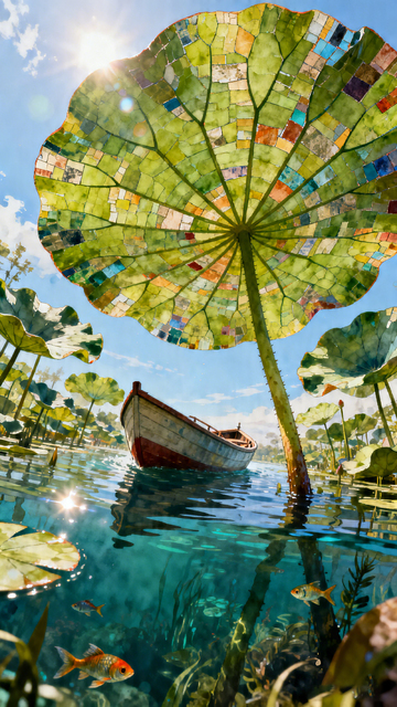 奇幻风荷塘小船水彩插画设计素材
