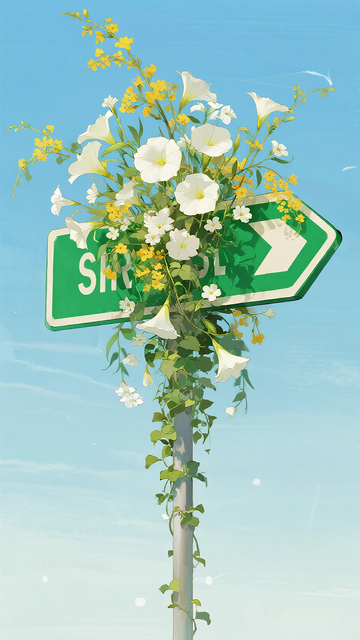 插画风校园路牌花卉装饰设计素材