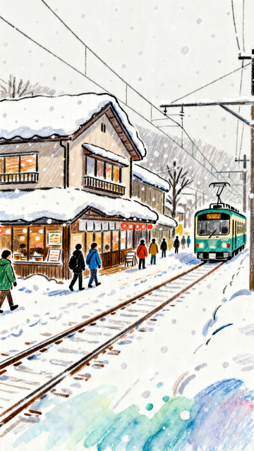 手绘风雪景电车小镇插画设计素材