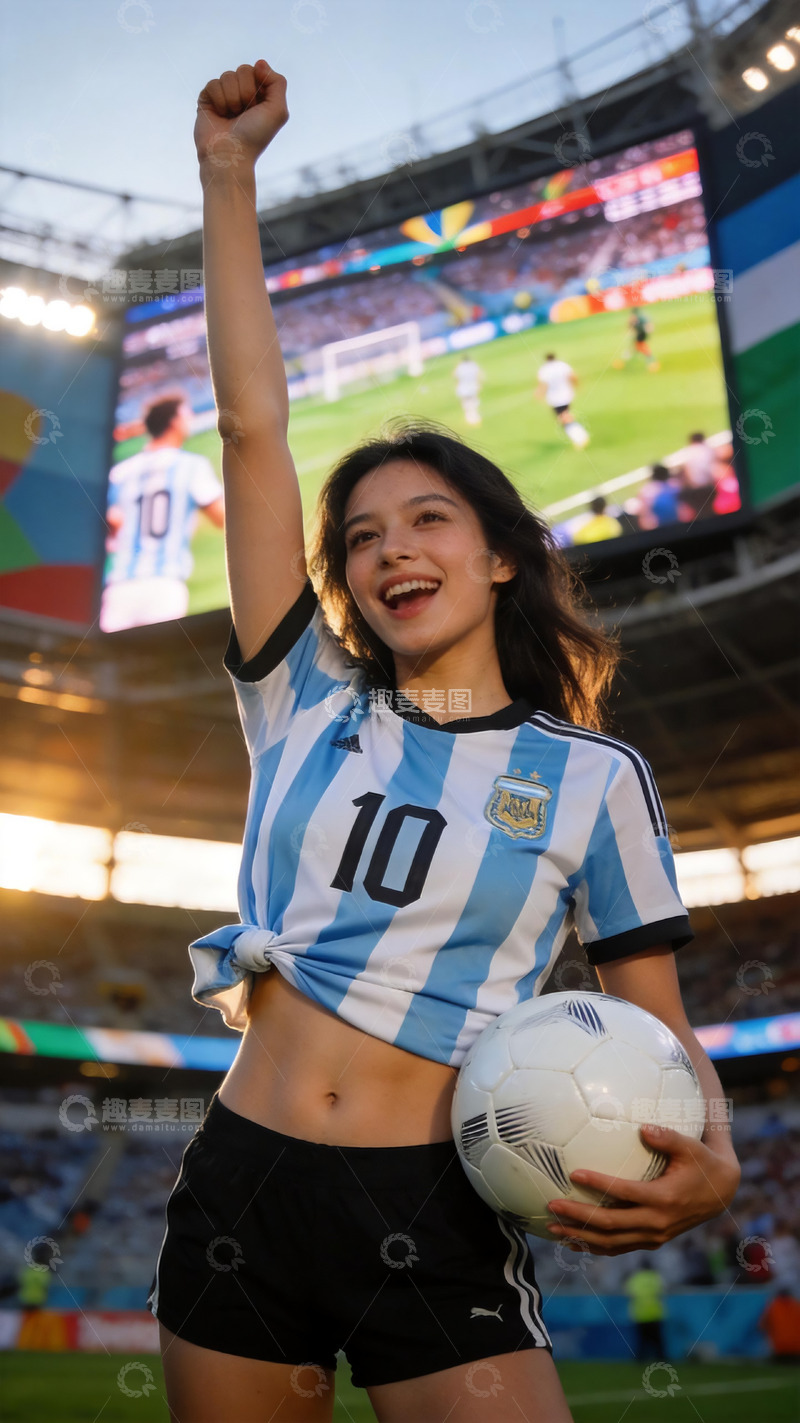 高清大图下载【趣麦麦图】阿根廷球衣女球迷球场庆祝人像摄影3