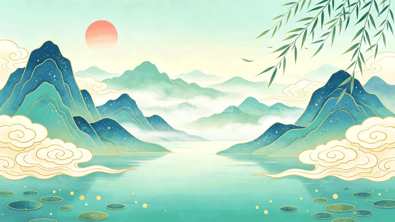 高清大图下载【趣麦麦图】-国风山水画晨曦湖景插画素材