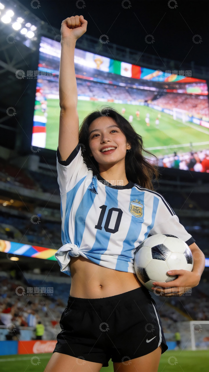 高清大图下载【趣麦麦图】阿根廷球衣女球迷球场庆祝人像摄影2
