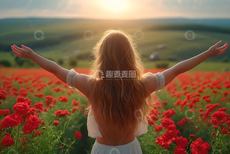 高清大图下载【趣麦麦图】-唯美风少女花海日落摄影素材18
