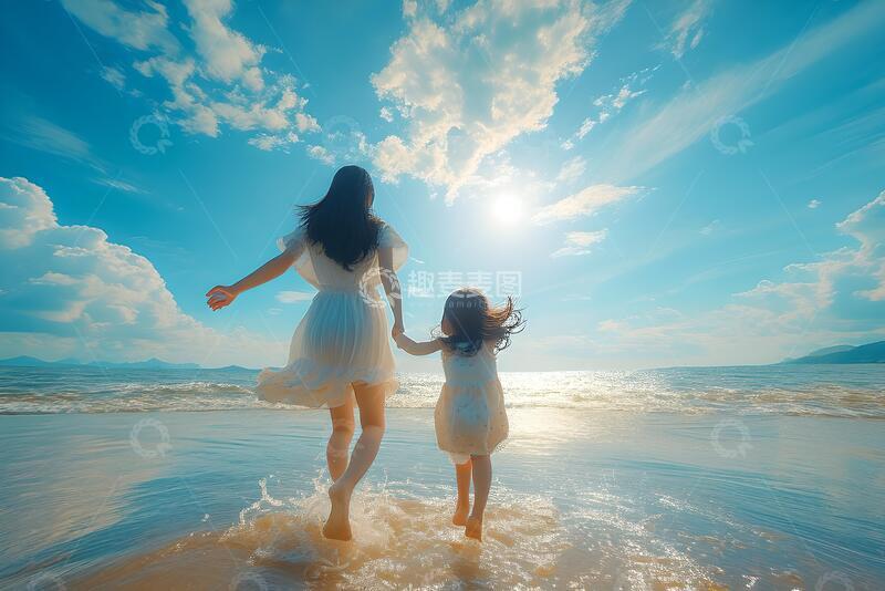 高清大图下载【趣麦麦图】-唯美风母女海滩散步摄影素材11