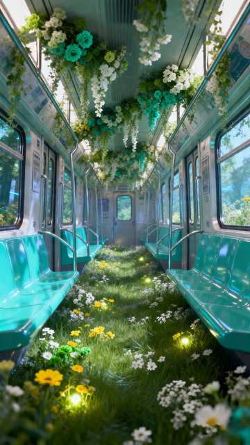 梦幻风地铁车厢花海设计素材
