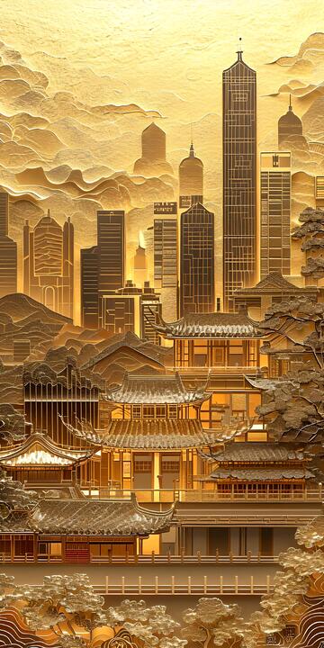 金色浮雕风现代与传统建筑融合设计素材16