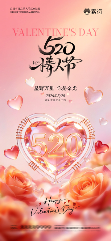 粉色浪漫520情人节爱心玫瑰海报设计素材