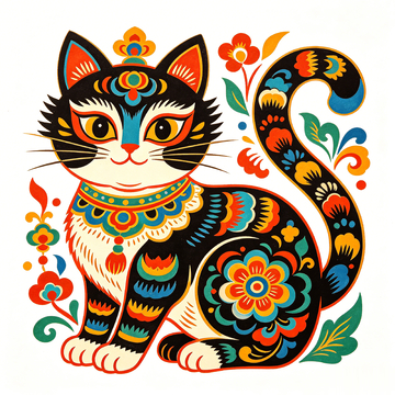 民族风彩绘猫咪花纹插画设计素材