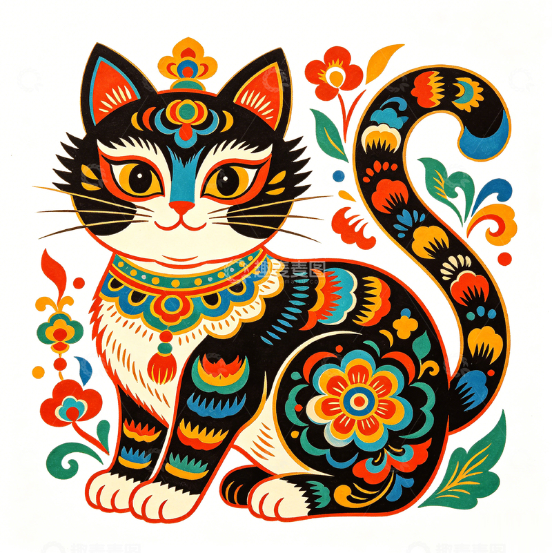 高清大图下载【趣麦麦图】民族风彩绘猫咪花纹插画设计素材