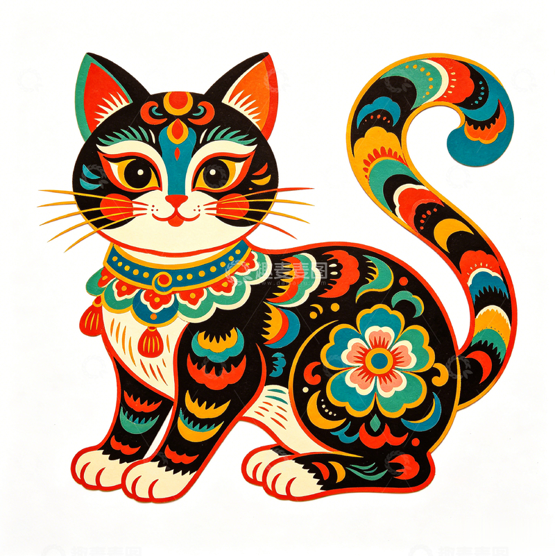高清大图下载【趣麦麦图】民族风彩绘猫咪图案设计素材