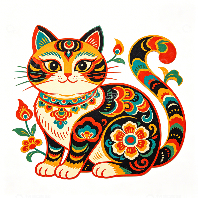 高清大图下载【趣麦麦图】-民族风彩绘猫咪图案设计素材