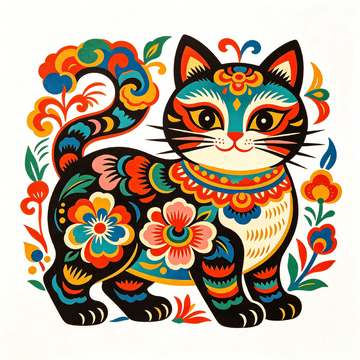 剪纸风彩绘猫咪民俗艺术设计素材