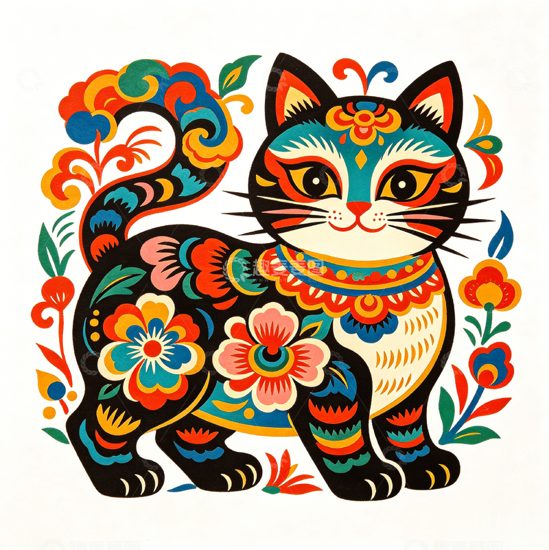高清大图下载【趣麦麦图】剪纸风彩绘猫咪民俗艺术设计素材