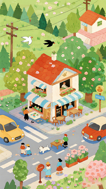 插画风田园小镇咖啡屋设计素材