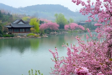 湖泊凉亭桃花自然美景