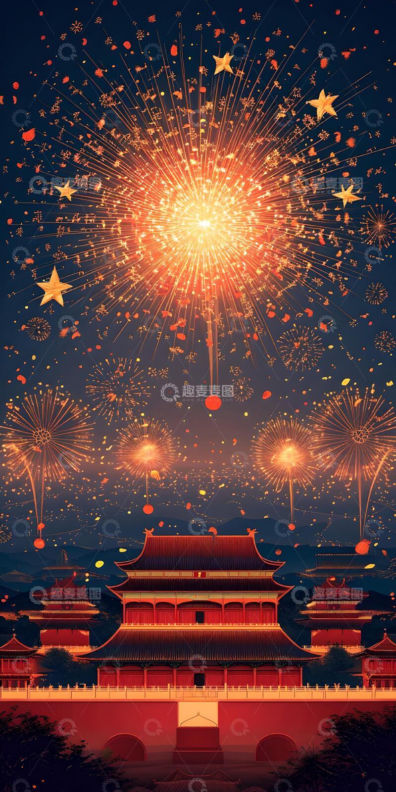 高清大图下载【趣麦麦图】国风插画春节烟花故宫设计素材59