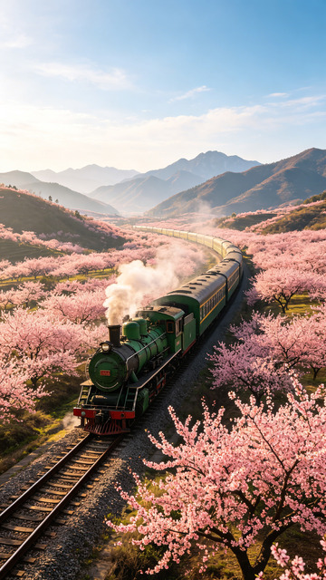 油画风樱花季蒸汽火车风景设计素材