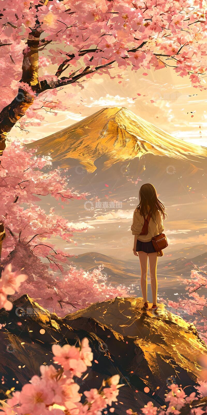 高清大图下载【趣麦麦图】日系动漫风樱花富士山少女插画素材42