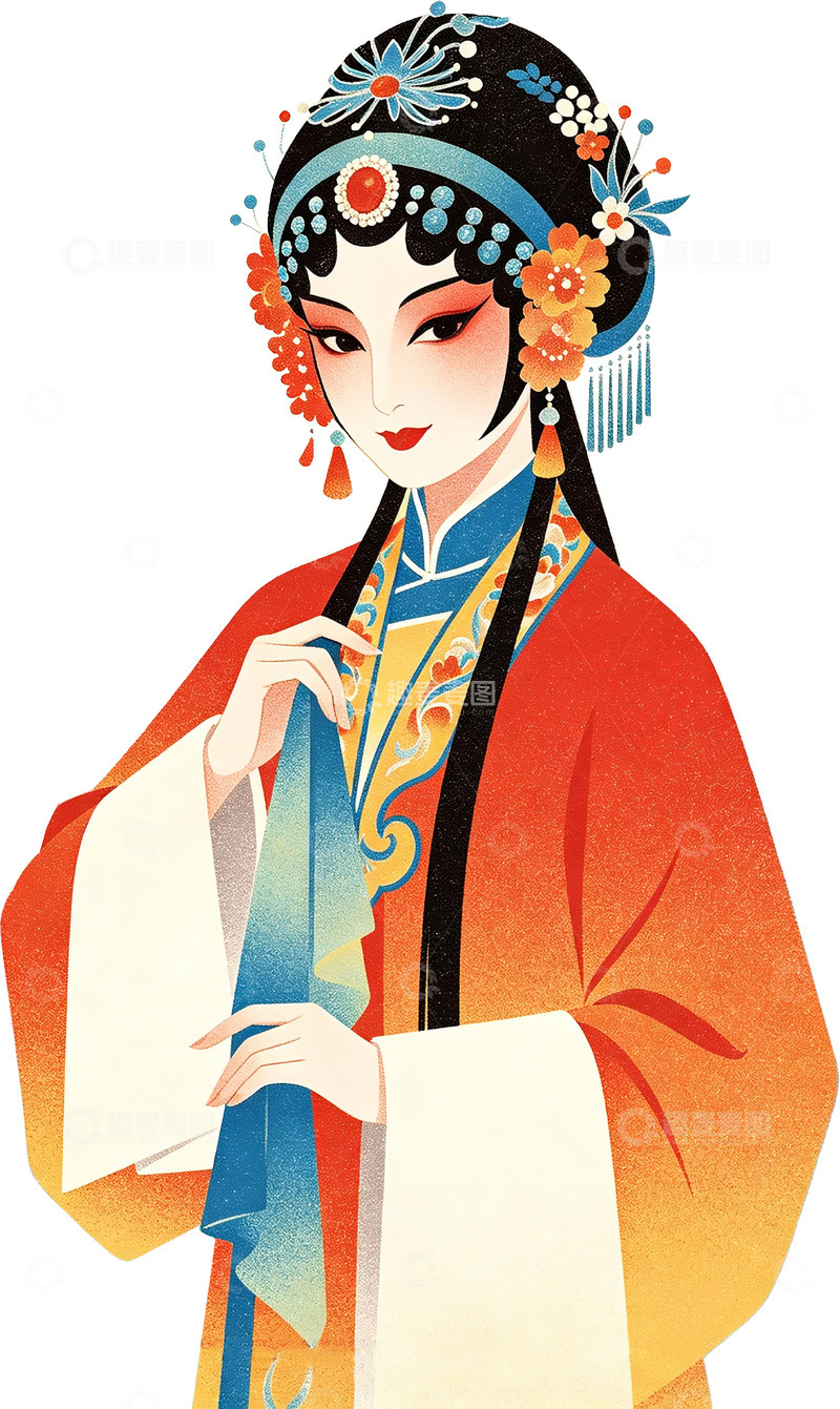 高清大图下载【趣麦麦图】戏曲花旦国风扁平装饰插画
