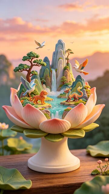 梦幻风莲花仙境动物场景设计素材