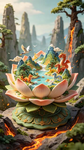 国风奇幻莲花仙境3D设计素材