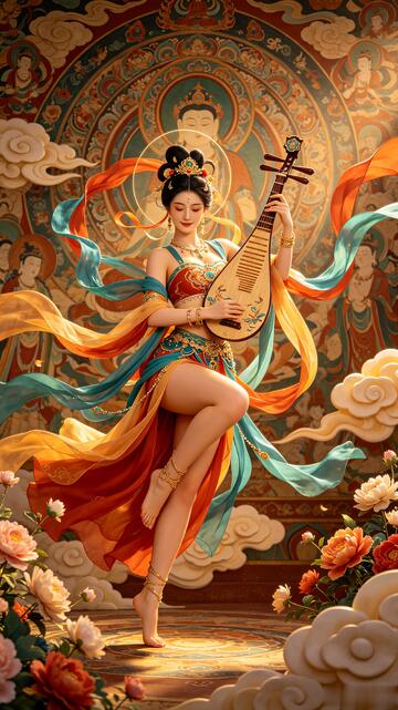 国风敦煌古典飞天乐舞插画设计素材