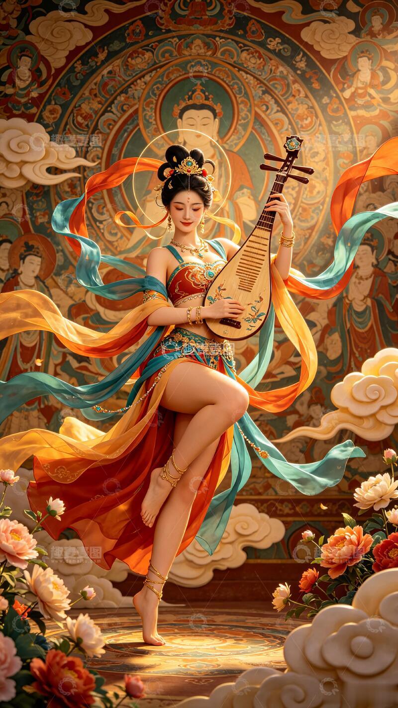 高清大图下载【趣麦麦图】-国风敦煌古典飞天乐舞插画设计素材
