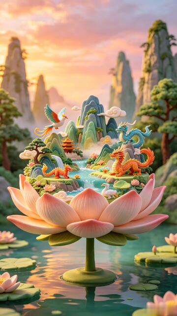 国风奇幻仙境莲花龙设计素材