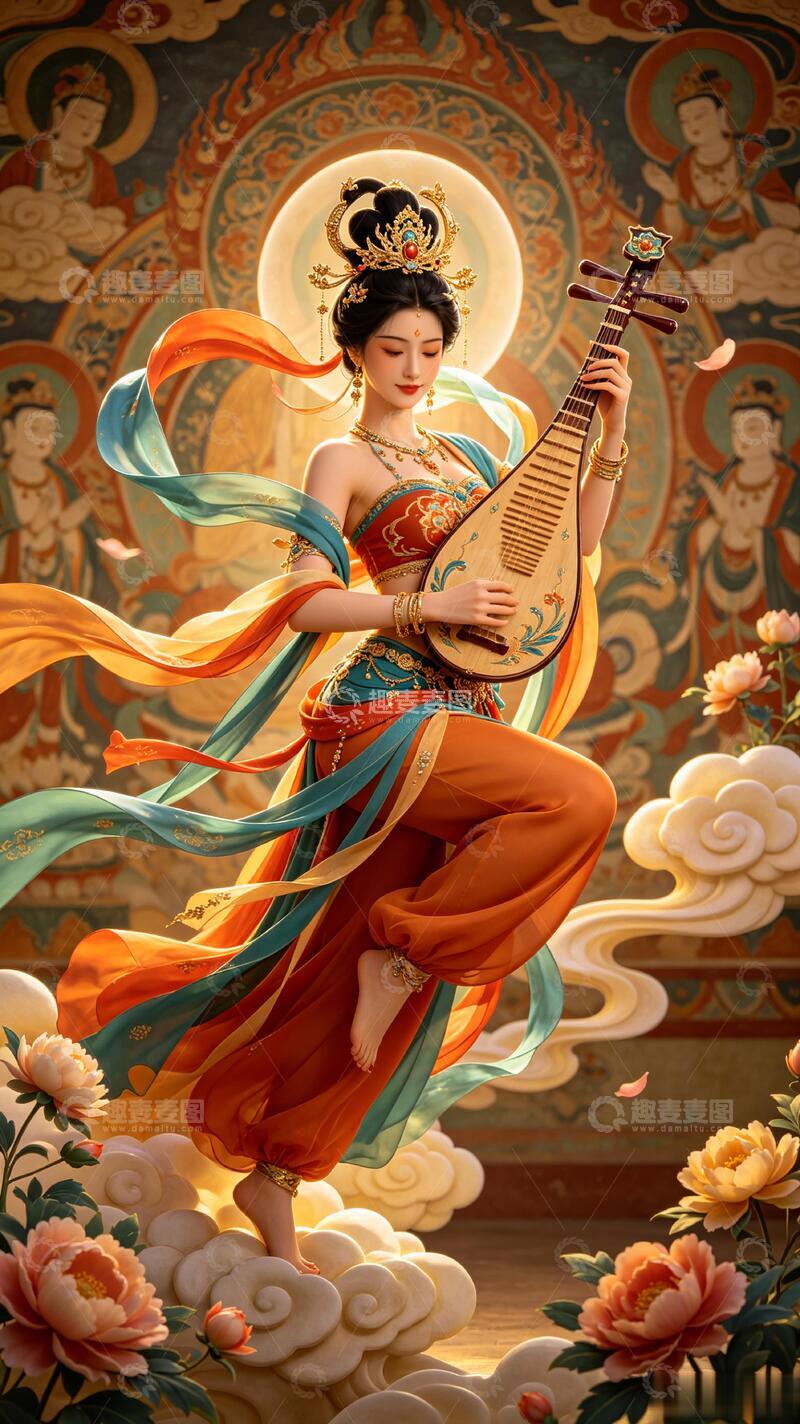 高清大图下载【趣麦麦图】-国风敦煌飞天琵琶仙子插画设计素材