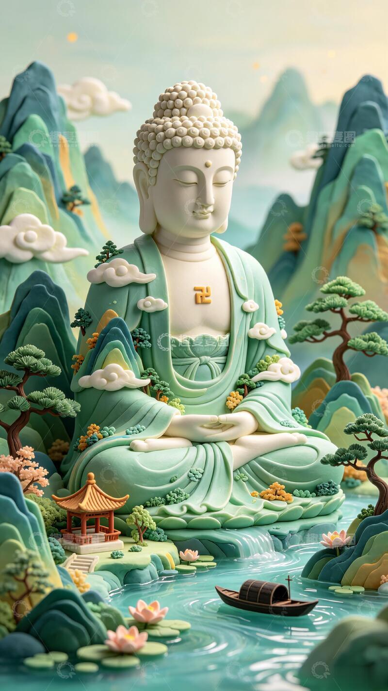 高清大图下载【趣麦麦图】-国风佛像山水装饰画插画设计素材
