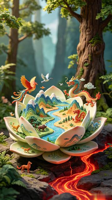 奇幻风山水龙凤莲花立体设计素材