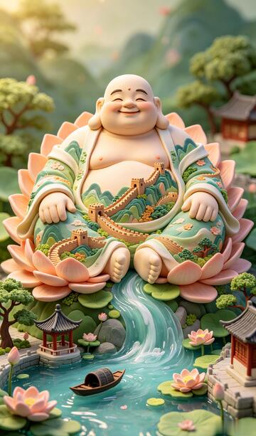 国风卡通弥勒佛莲花座设计素材