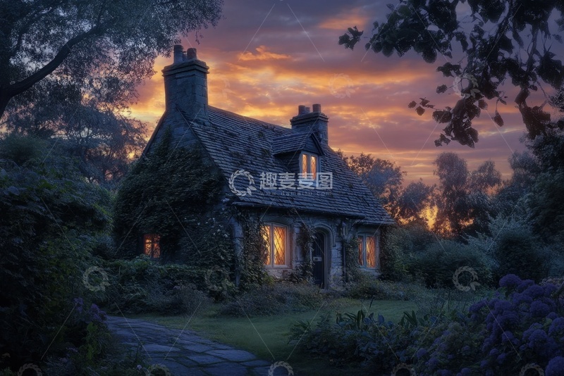 高清大图下载【趣麦麦图】-夜晚别墅小房屋建筑风景
