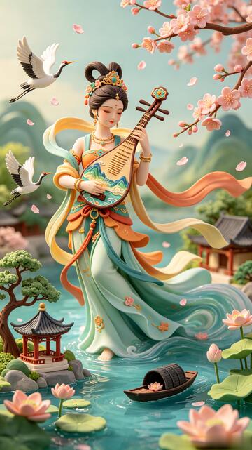国风古韵仕女弹琵琶插画素材