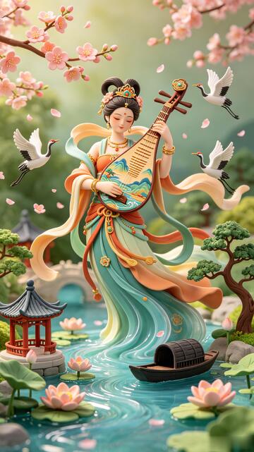 国风插画敦煌古典仕女琵琶演奏设计素材