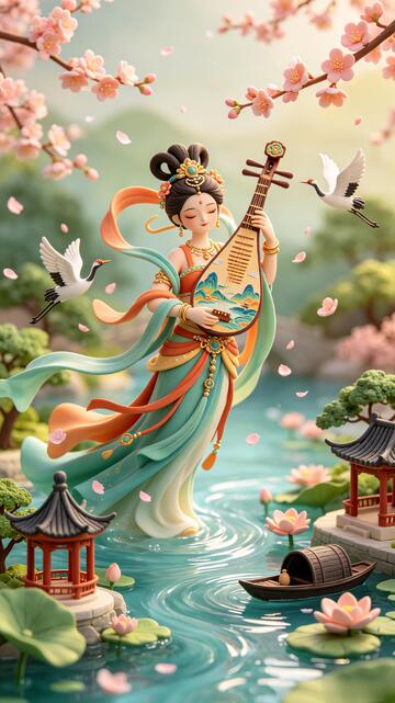 国风插画敦煌古典仕女琵琶演奏设计素材