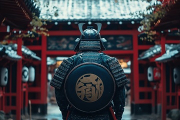 站在神社前的一名武士