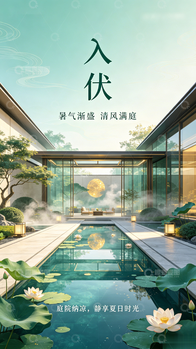 高清大图下载【趣麦麦图】新中式庭院夏日清凉设计素材