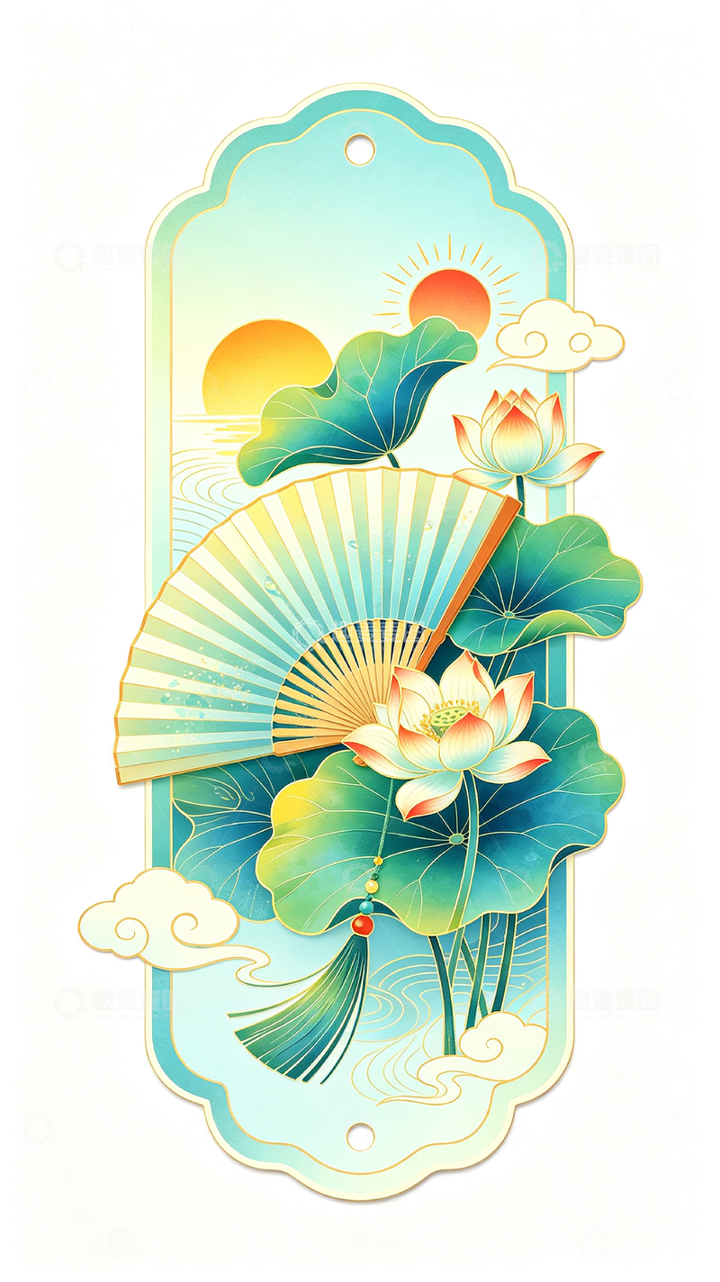 高清大图下载【趣麦麦图】国风插画书签莲花扇子装饰挂件设计素材