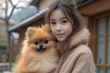 日系写真少女与博美犬温馨合影素材44