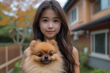 写实风女孩抱着博美犬摄影素材45