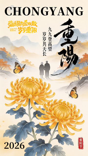 菊花蝴蝶远山重阳节