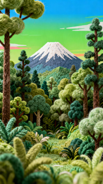 毛线编织风富士山森林景观设计素材