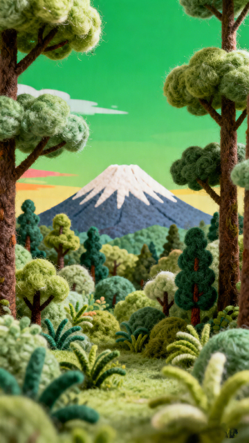 毛线艺术富士山森林场景设计素材